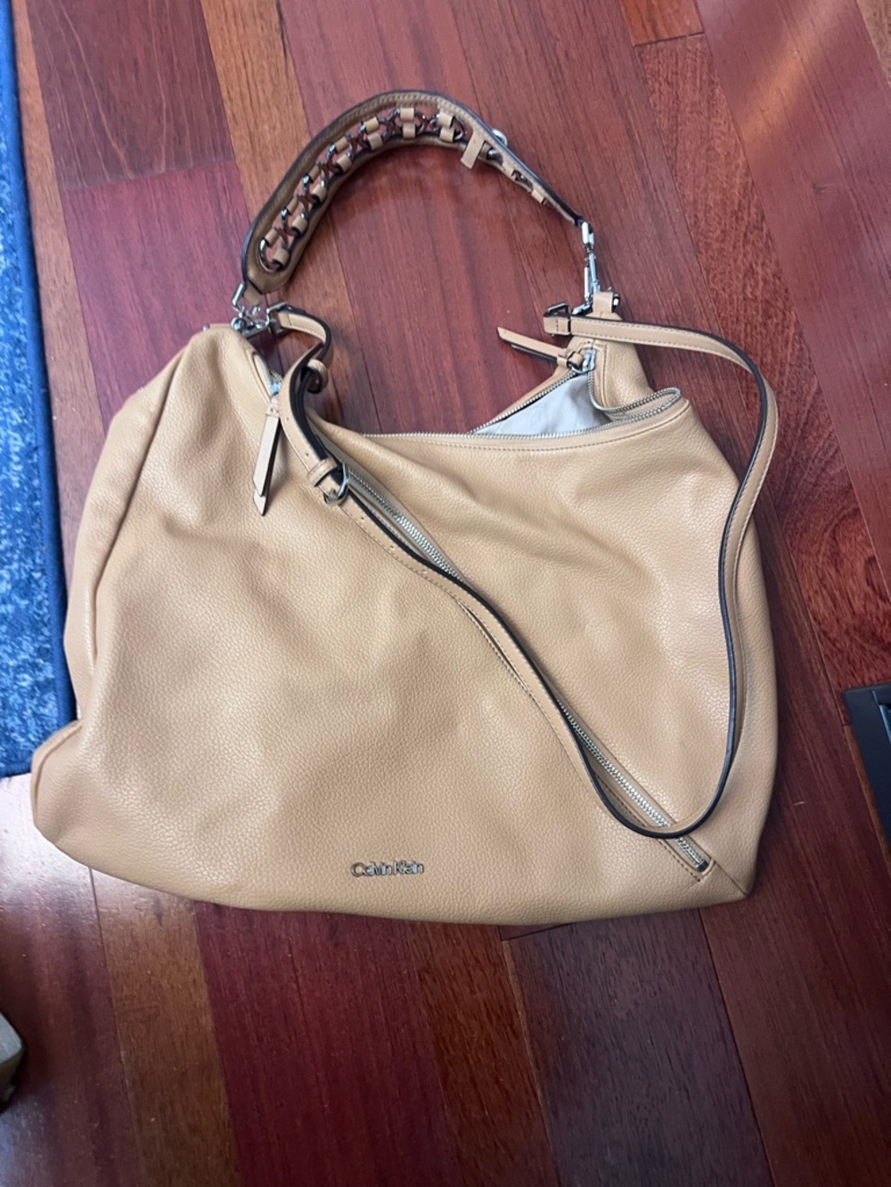 Calvin Klein Tan Pebbled Leather Hobo Shoulder Bag with Silver Hardware